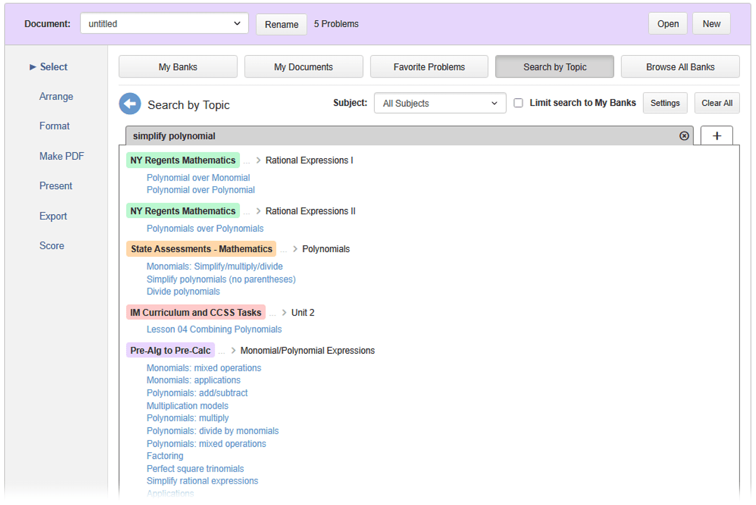 simplify polynomials search results